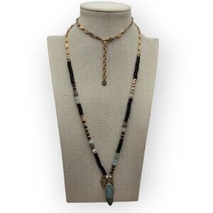 Stella & Dot Beaded Layered Necklace with Green Druzy Pendant